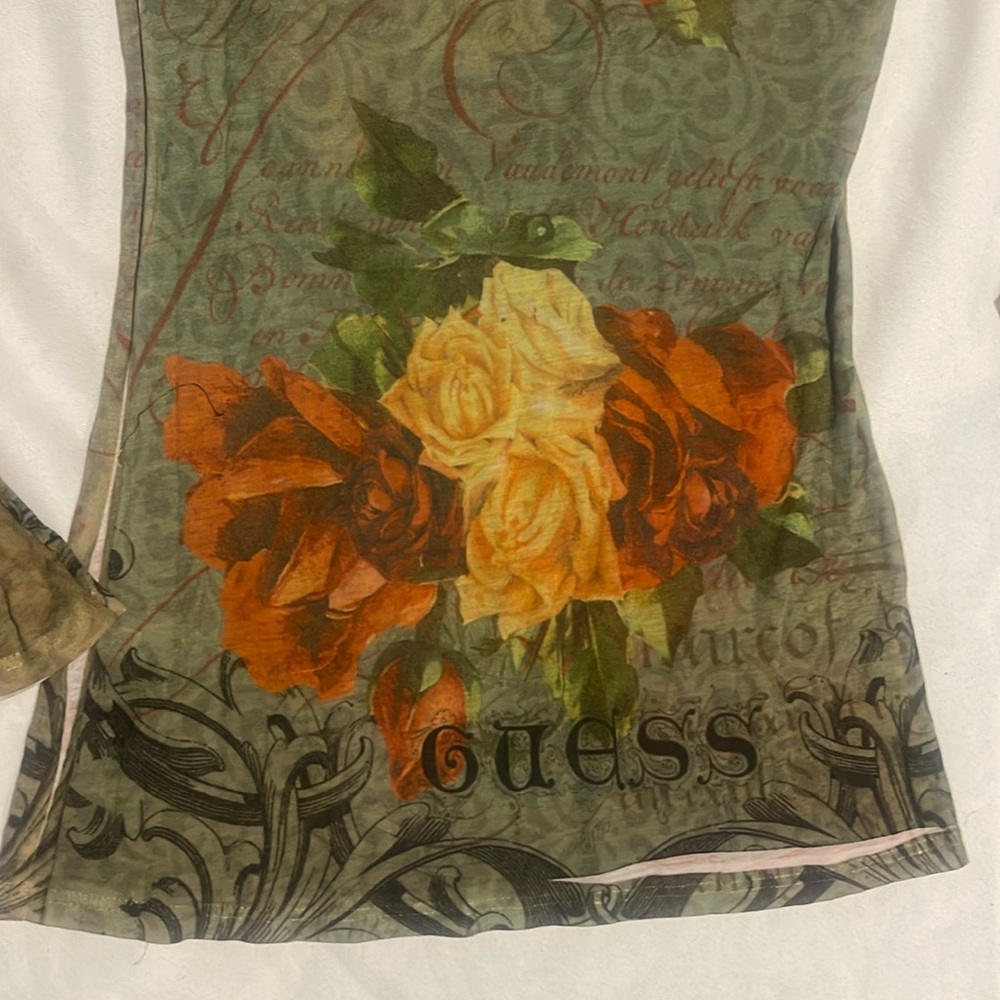New Guess Tattoo Long Sleeve Thin Embellished Rose Bird Shirt M - Picture 8 of 10